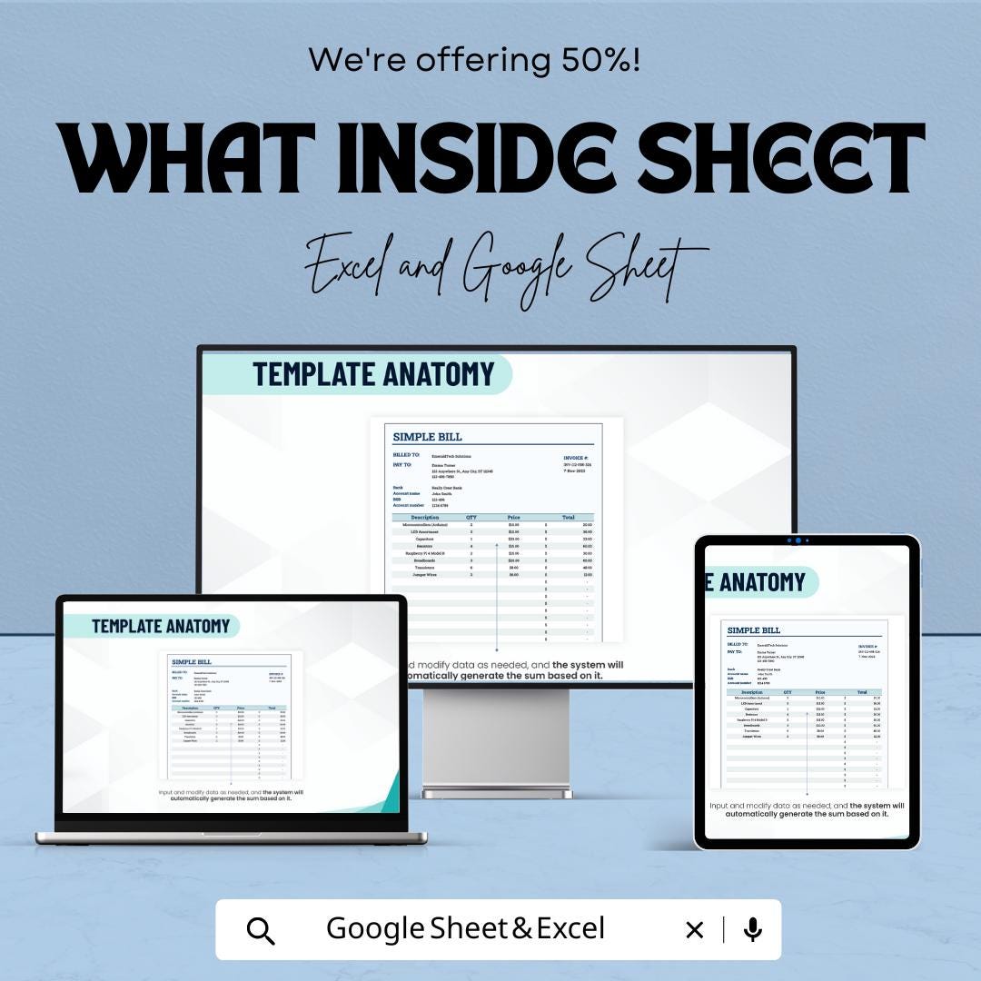 Simple Bill Sheet - Editable Invoice Template for Excel & Google Sheets, Professional Billing, Instant Download
