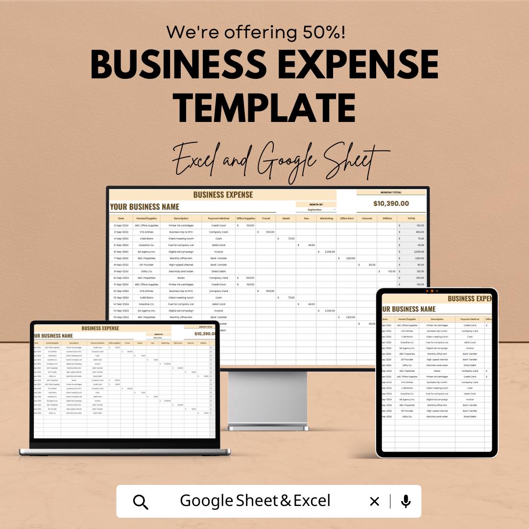 Business Expense Tracker Template, Monthly Expense Spreadsheet, Small Business Budget, Google Sheets & Excel Expense Log