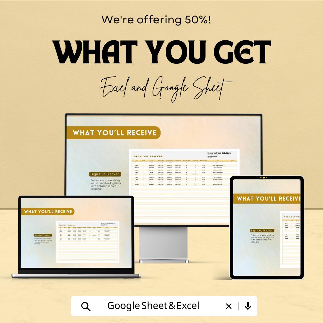 Sign Out Tracker Sheet | Asset & Equipment Log | Editable Google Sheets and Excel Template | Check-Out Register | Printable Sign-Out Form