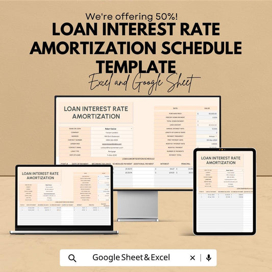 Loan Amortization Schedule Excel | Loan Payment Calculator | Interest Rate Tracker Spreadsheet | Debt Payoff Planner | Google Sheets