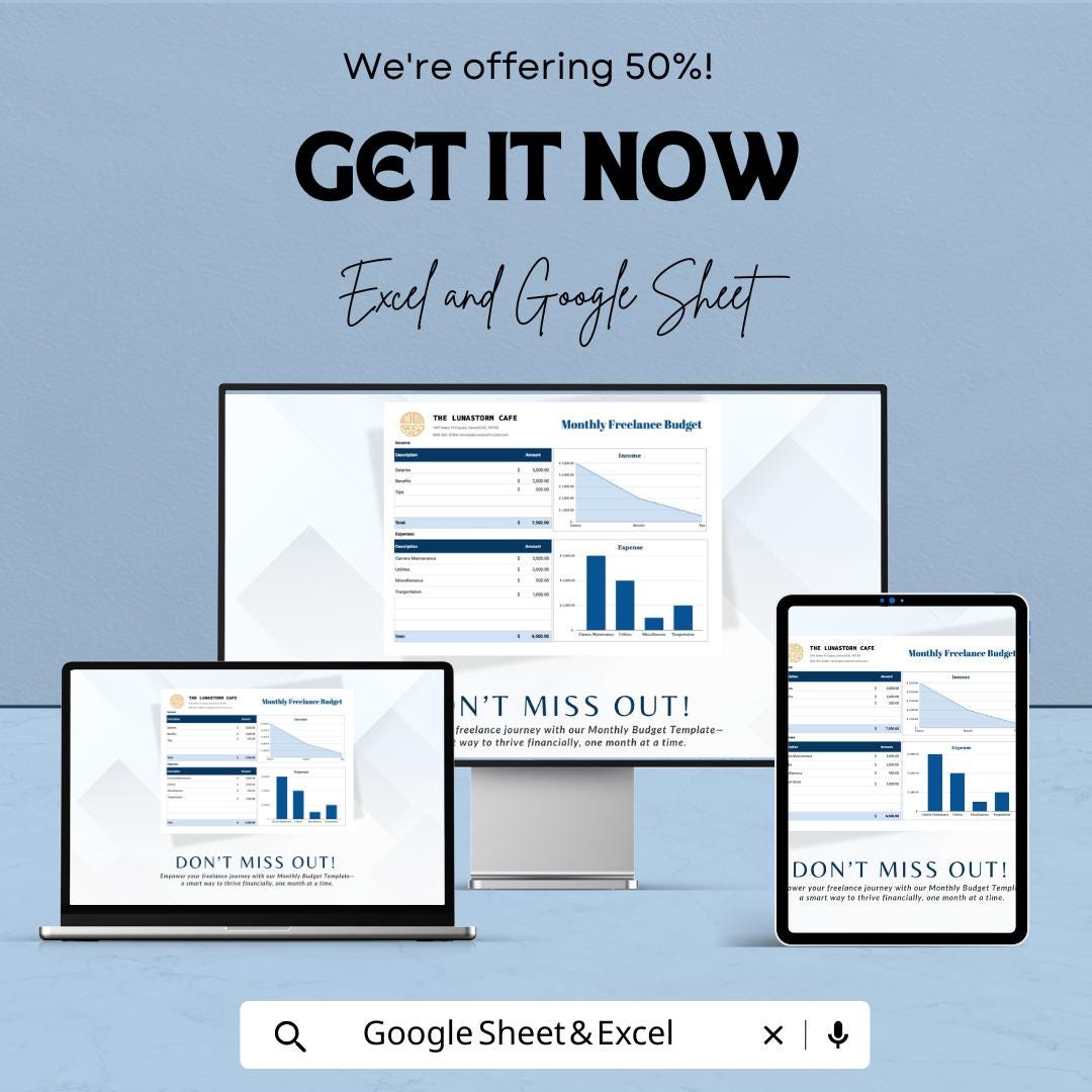 Monthly Freelance Budget Template,  Freelancer Income & Expense Tracker, Self Employed Budget, Small Business Budget