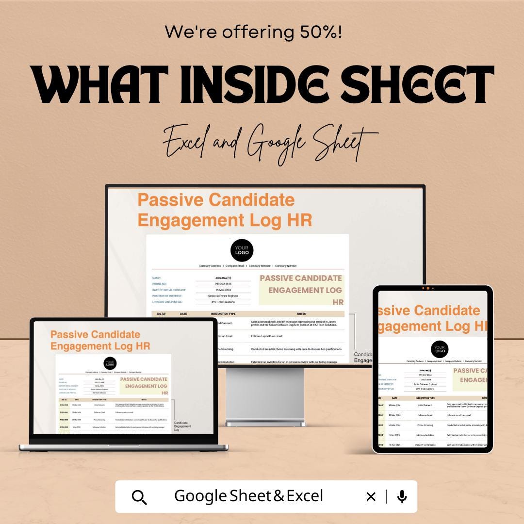 Passive Candidate Engagement Log HR Template | Recruitment Tracker Spreadsheet | Talent Pipeline CRM | Excel & Google Sheets Hiring Log