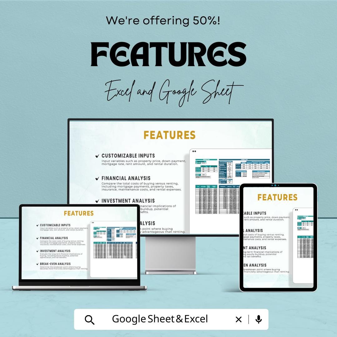 Buy or Rent Calculator Template | Real Estate Cost Comparison Tool | Housing Decision Spreadsheet | Property Analysis Template