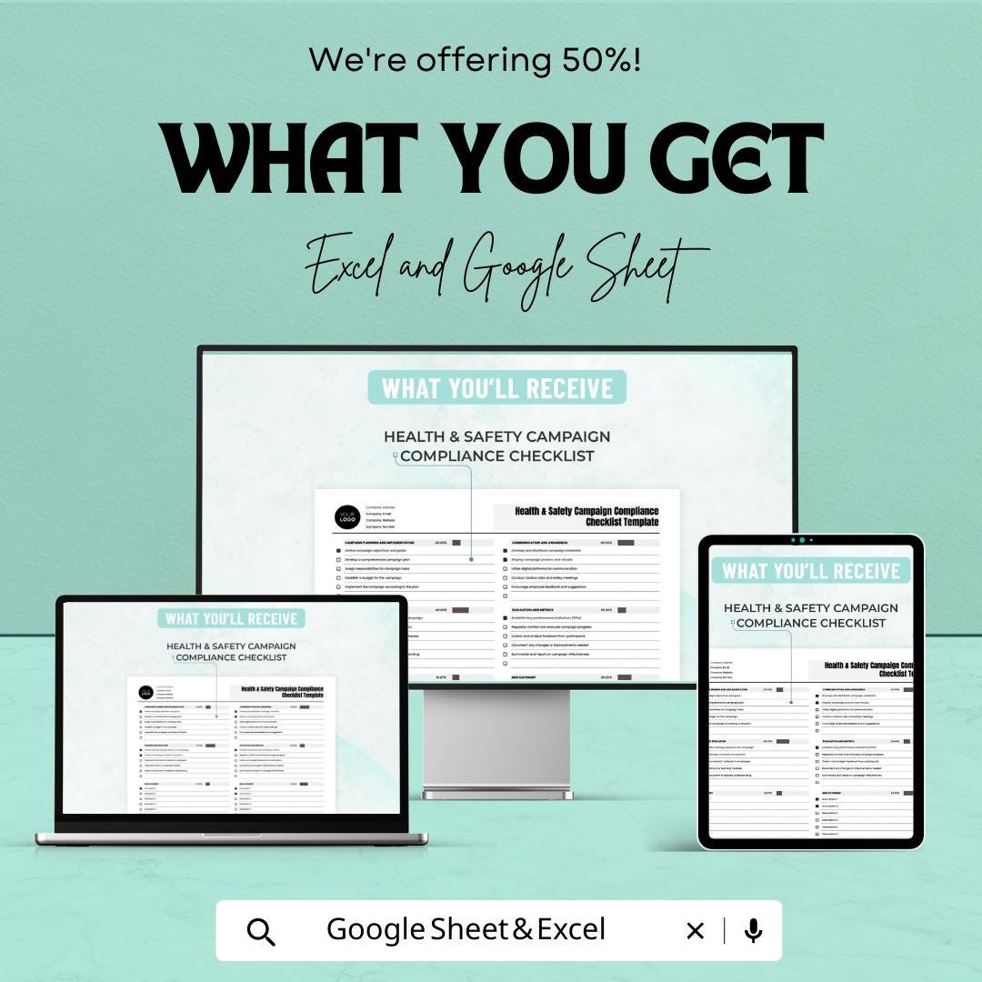 Health and Safety Compliance Checklist, Safety Campaign Tracker, Workplace Safety Template, OSHA Checklist, Google Sheets & Excel