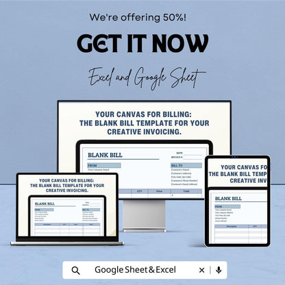 Blank Bill Template Sheet – Customizable Invoice Template for Excel and Google Sheets, Professional Billing, Editable Bill Format,