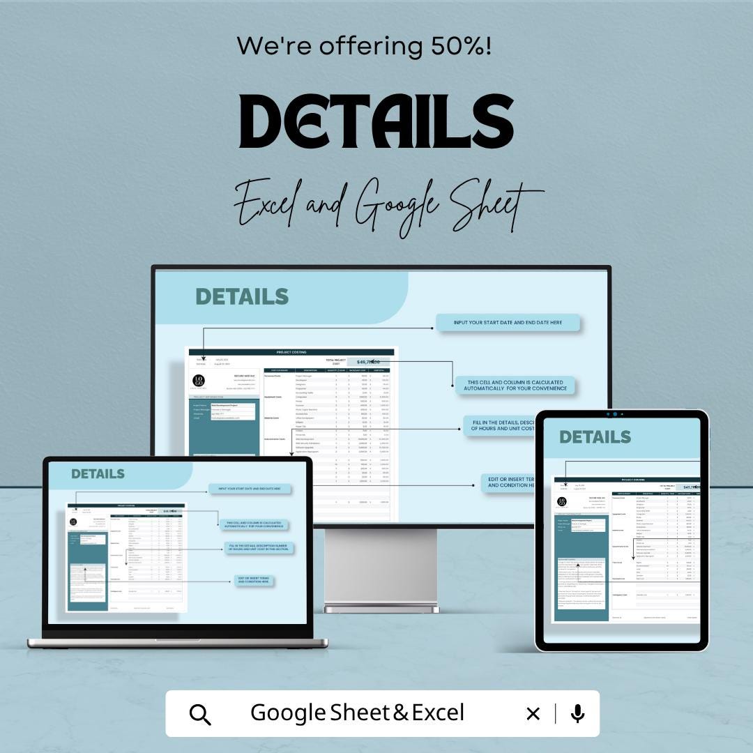 Project Costing Template | Project Budget Spreadsheet | Cost Estimation Tracker | Excel & Google Sheets | Business Expense Planning Sheet