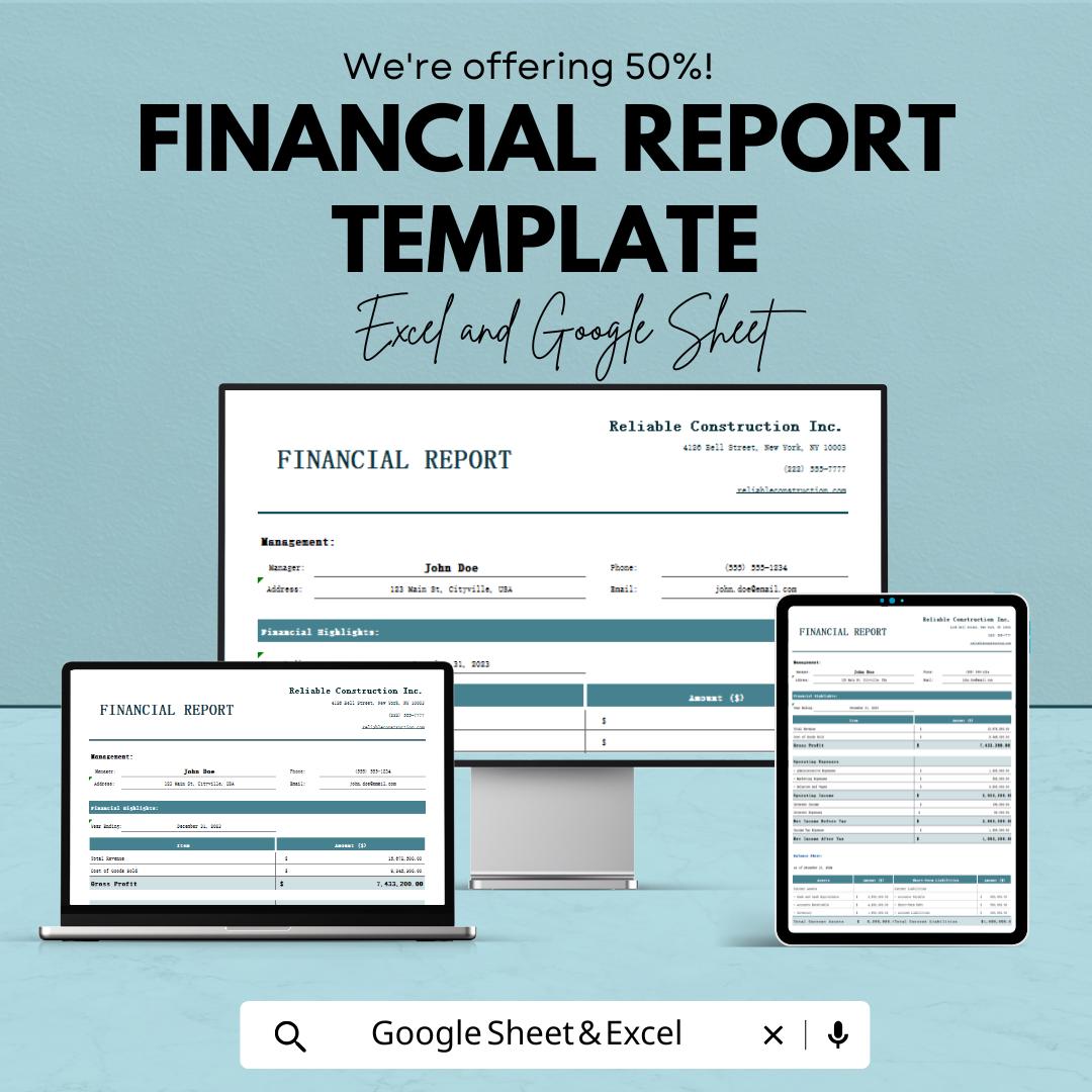 Financial Report Sheet Template | Excel & Google Sheets | Income Statement, Balance Sheet, Cash Flow, Financial Analysis Tool