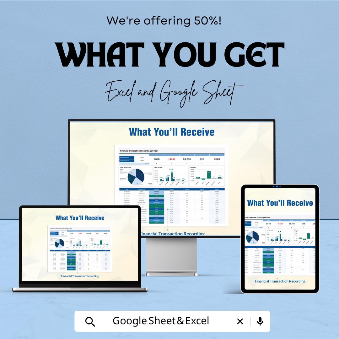 Financial Transactions Recording Template | Expense Tracker Spreadsheet | Budget Planner | Income Expense Log