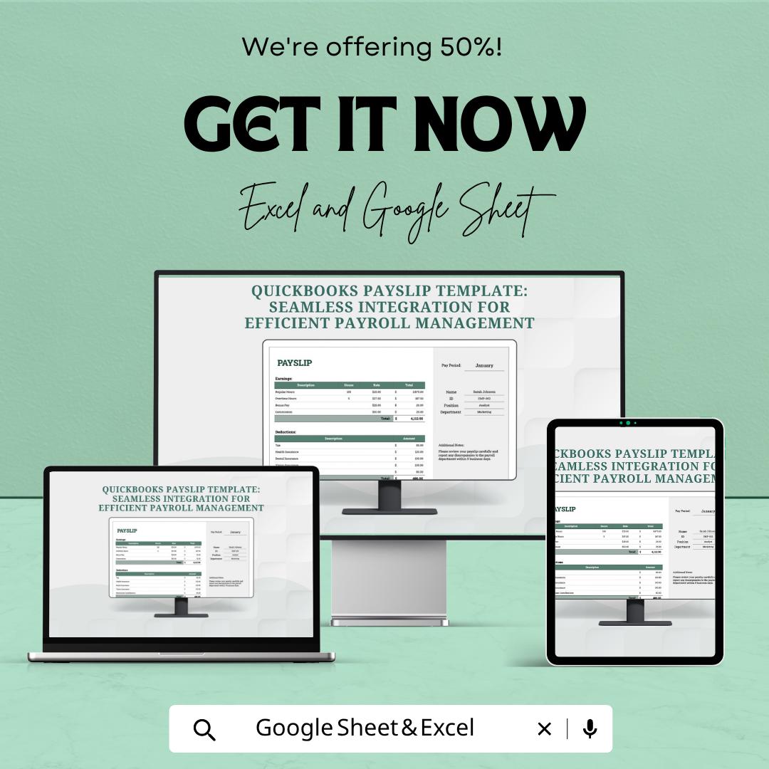 QuickBooks Payslip Template | Payroll Payslip Spreadsheet | Employee Salary Slip Tracker | Excel & Google Sheets | Business Payroll