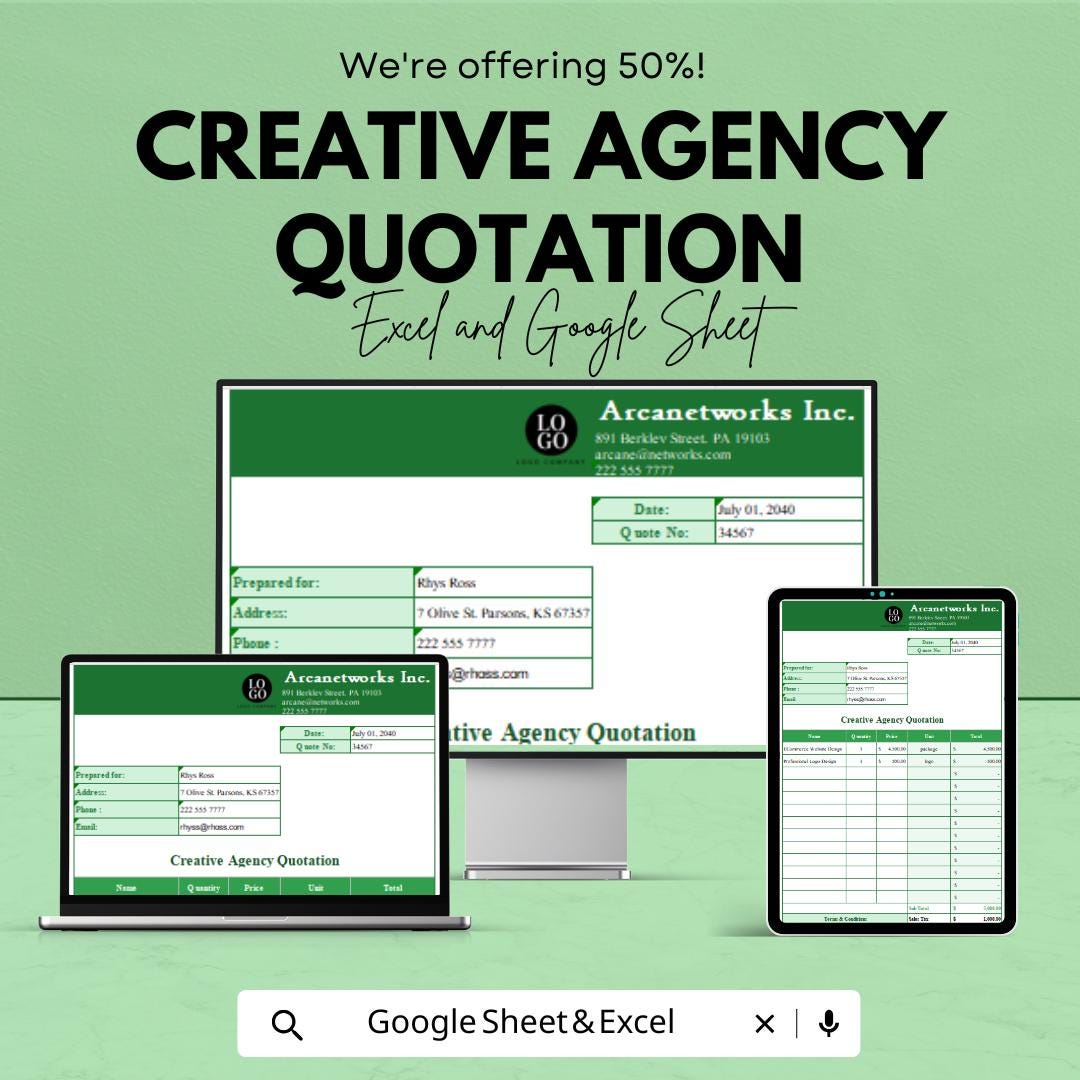 Creative Agency Quotation Sheet | Excel & Google Sheets Template | Customizable Quote Template | Instant Download | Business Quotation Sheet