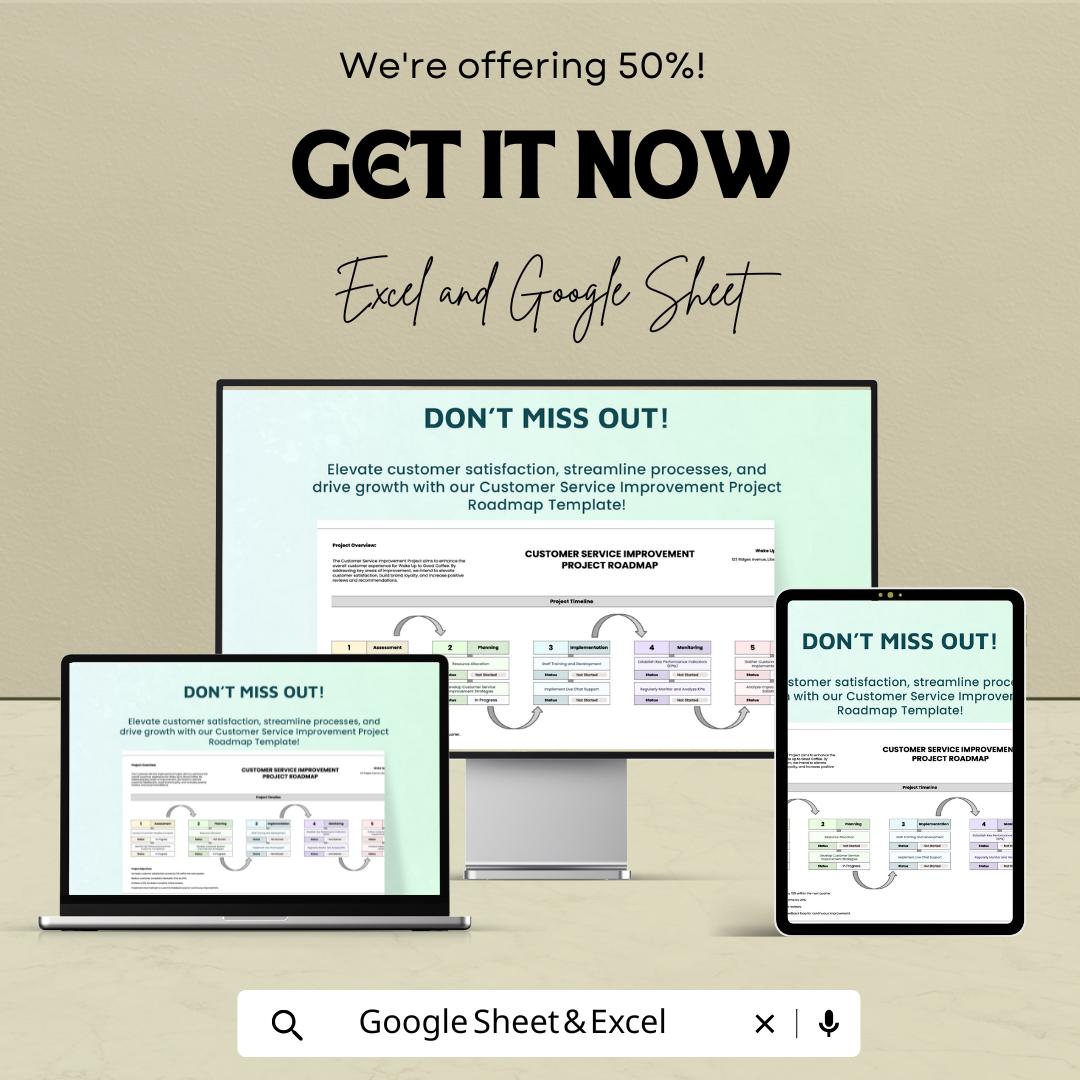 Customer Service Improvement Project Roadmap Template | Excel & Google Sheets | 50% OFF