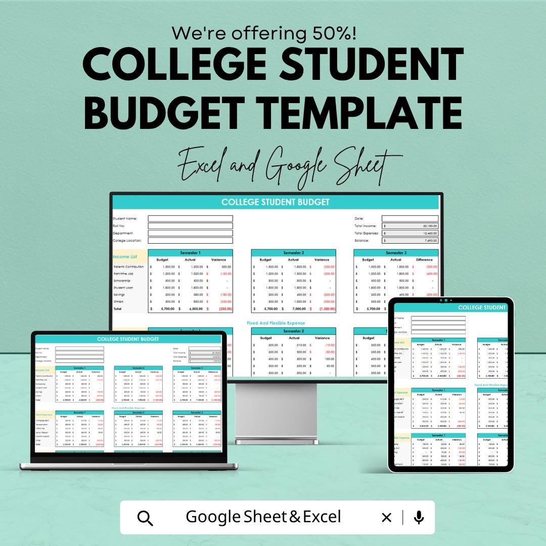 College Student Budget Template | Google Sheets Budget Planner | Excel Budget Spreadsheet | Student Expense Tracker | Monthly Finance