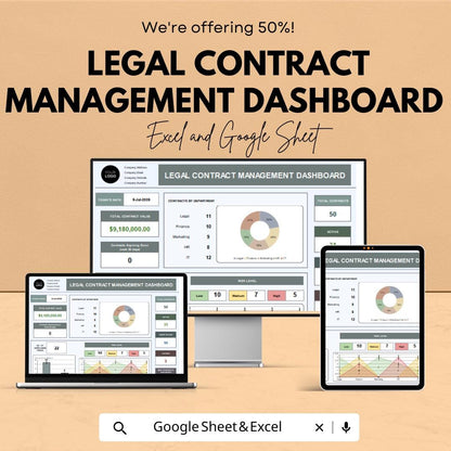 Legal Contract Management Dashboard - Google Sheet Template - Track Contracts, Manage Compliance & Risk - Editable and Customizable