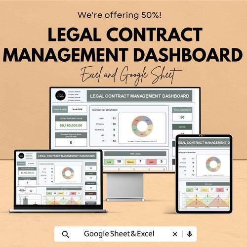 Legal Contract Management Dashboard - Google Sheet Template - Track Contracts, Manage Compliance & Risk - Editable and Customizable