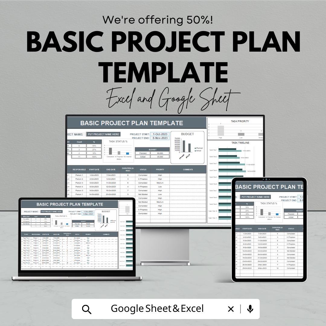 Basic Project Plan Template | Project Management Spreadsheet | Google Sheets and Excel Task Tracker | Budget & Timeline Planner