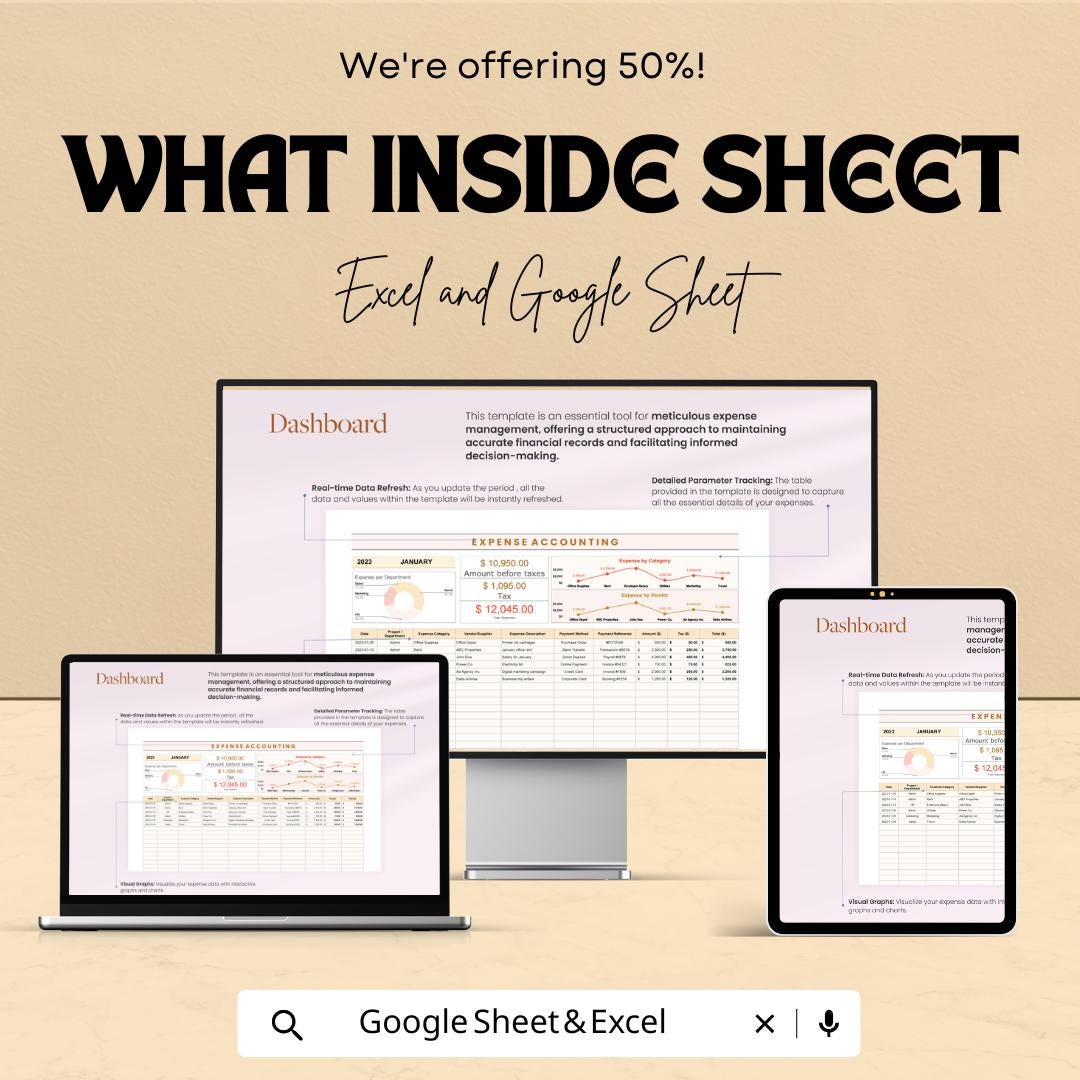 Expense Accounting Template | Excel & Google Sheets | Business Expense Tracker | Monthly Budget Log | Financial Management Spreadsheet
