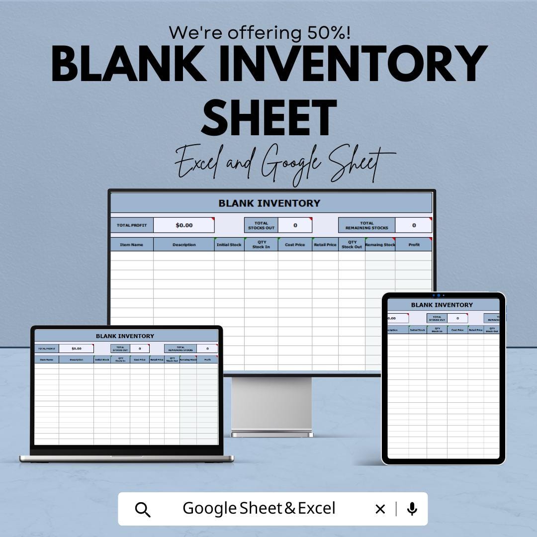 Blank Inventory Sheet Template | Excel & Google Sheets | Inventory Management, Stock Tracker, Customizable Template | Instant Download