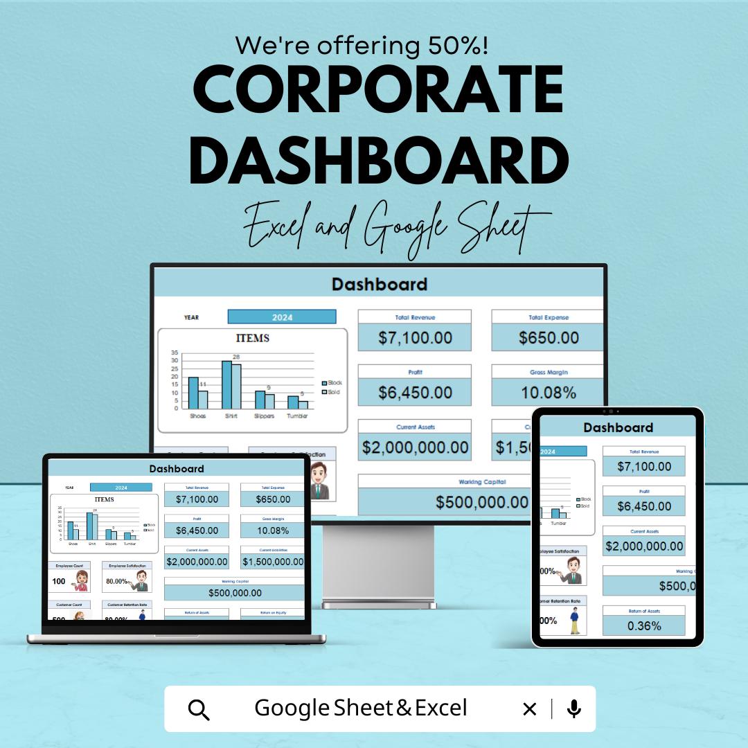 Corporate Dashboard Template - Business Performance Tracking Sheet | Excel & Google Sheets | KPI Monitoring | Financial Overview