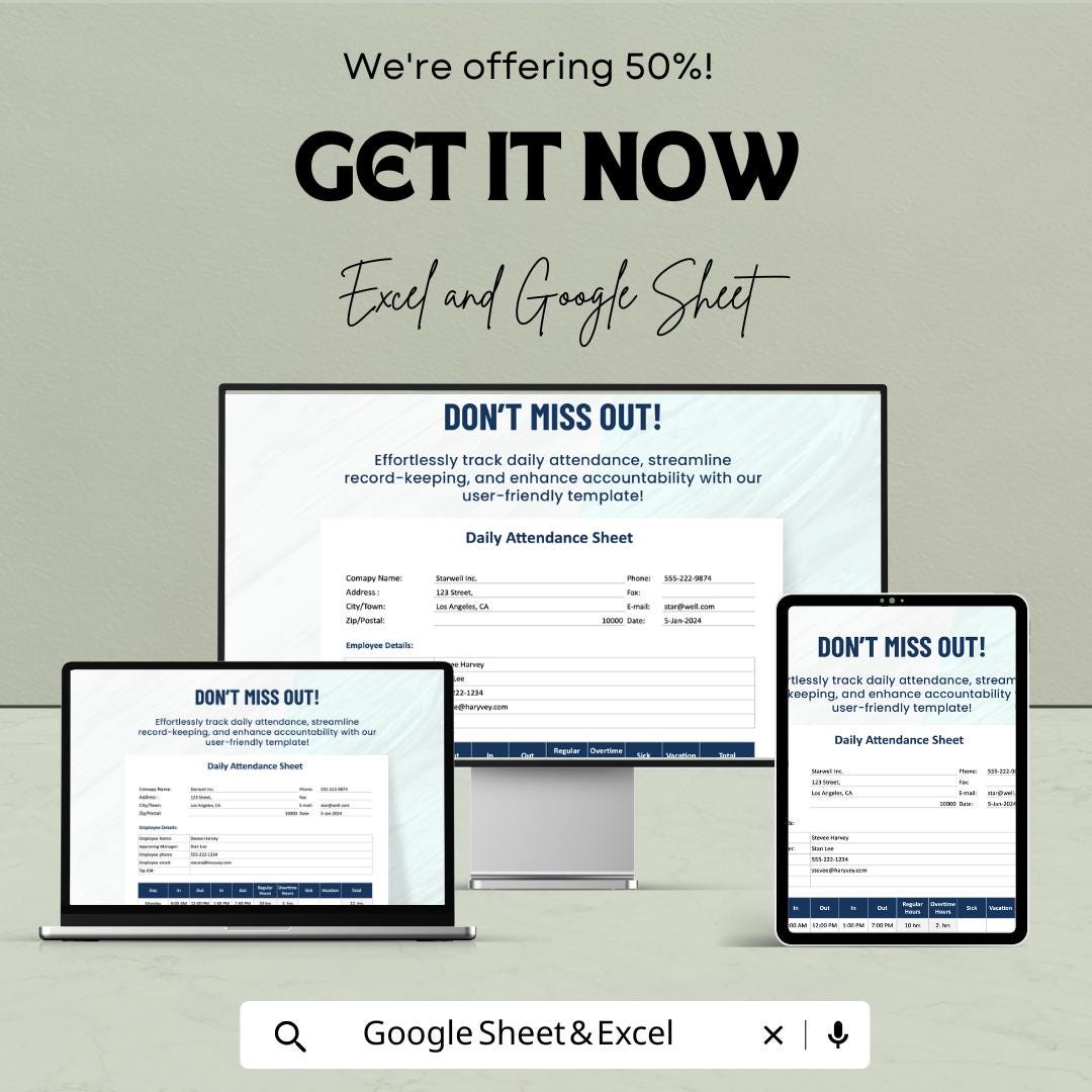 Daily Attendance Sheet - Employee Time Tracking, Excel & Google Sheet Template, Daily Employee Attendance Form, Work Attendance Log