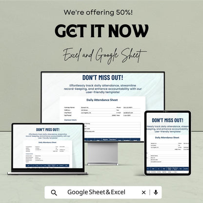 Daily Attendance Sheet - Employee Time Tracking, Excel & Google Sheet Template, Daily Employee Attendance Form, Work Attendance Log