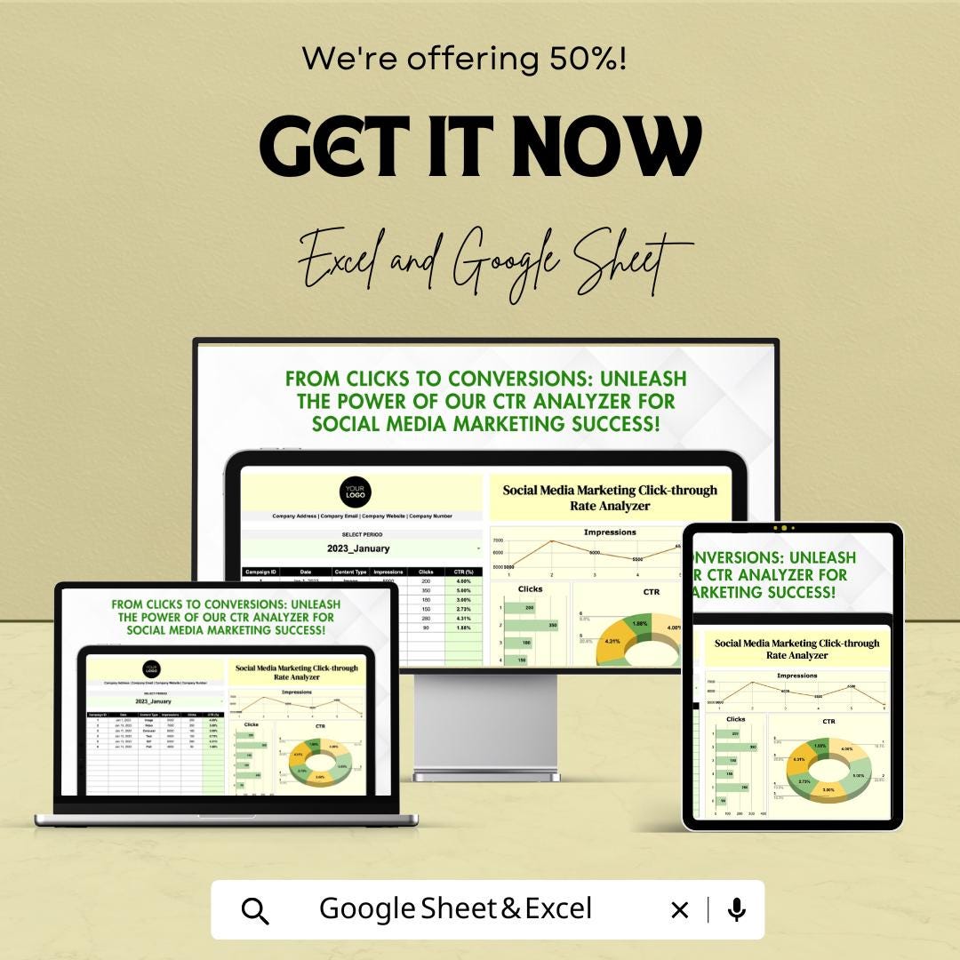 Social Media Marketing Click-through Rate Analyzer Template | CTR Tracker Spreadsheet | Click-through Rate Analyzer | Excel CTR Dashboard |