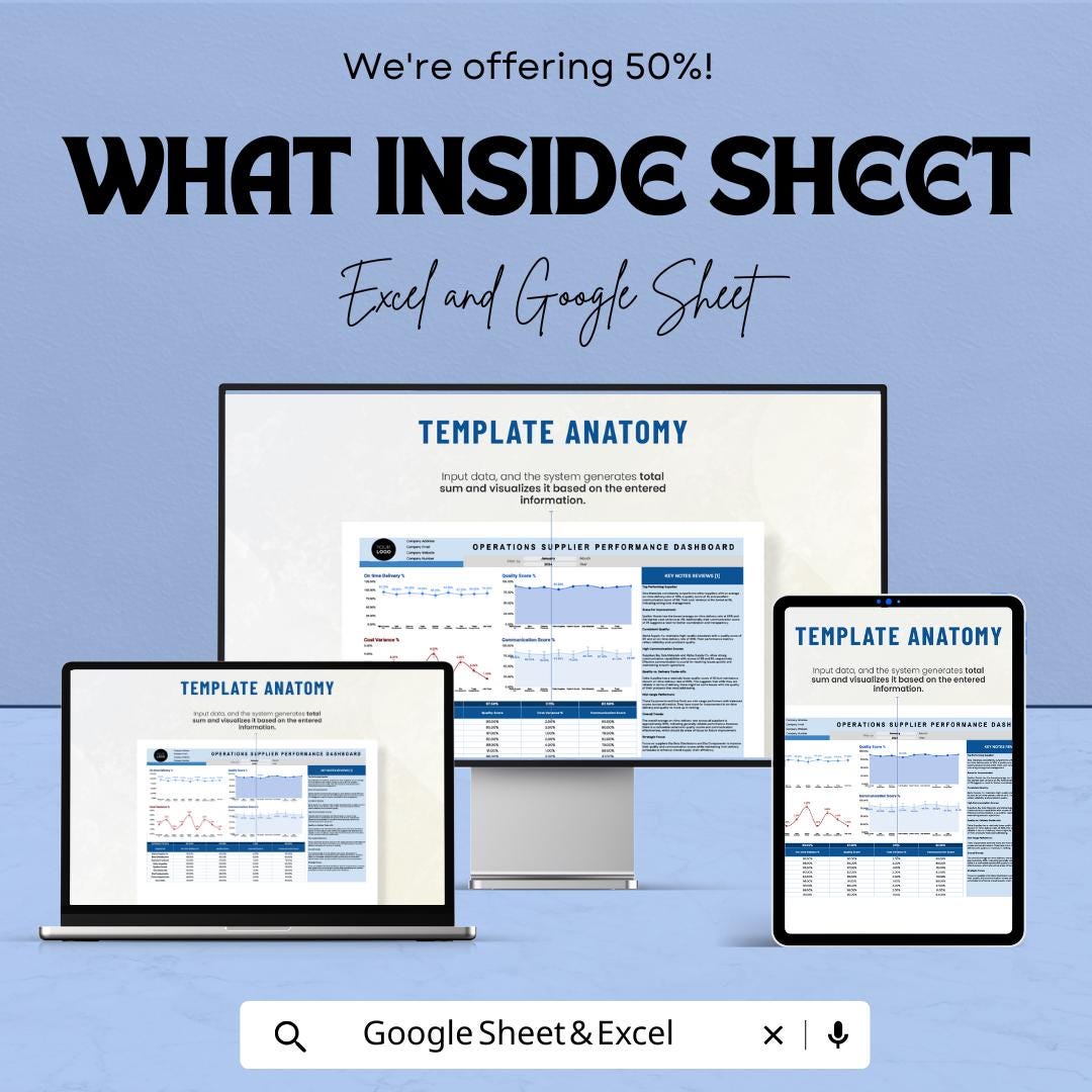 Operations Supplier Performance Dashboard Template | Supplier KPI Tracker | Vendor Management Metrics | Performance Analysis Sheet