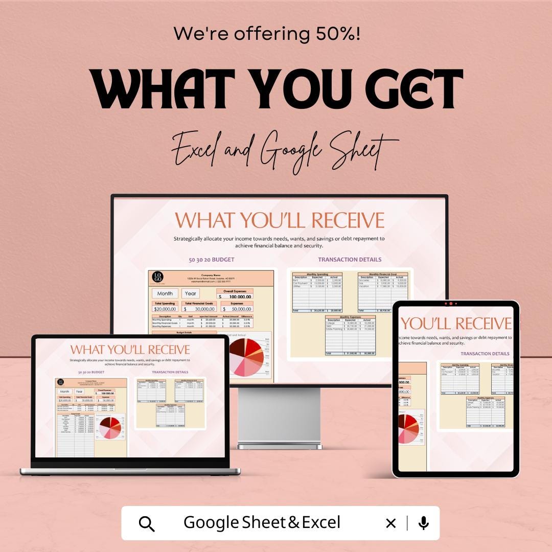 50 30 20 Budget Template | Monthly Budget Spreadsheet | Personal Finance Planner | Excel & Google Sheets