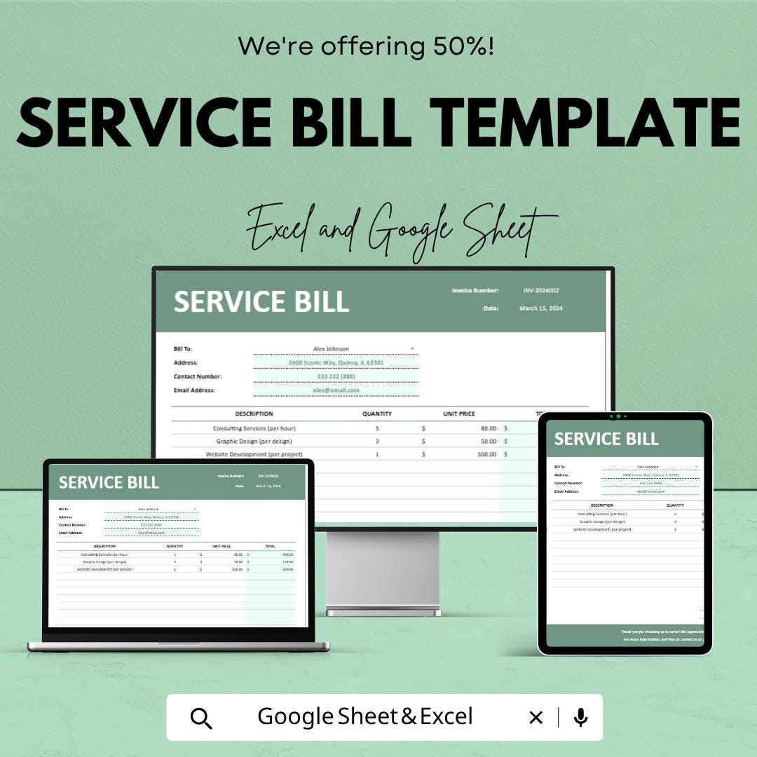 Service Bill Template | Invoice Billing Spreadsheet | Service Invoice Tracker | Excel & Google Sheets | Business Payment Management Sheet