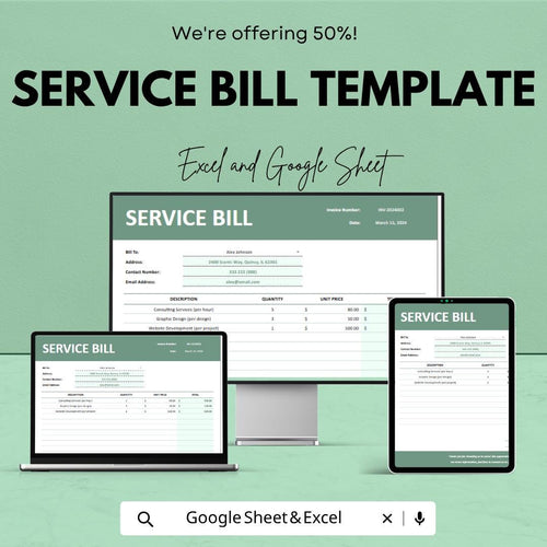 Service Bill Template | Invoice Billing Spreadsheet | Service Invoice Tracker | Excel & Google Sheets | Business Payment Management Sheet