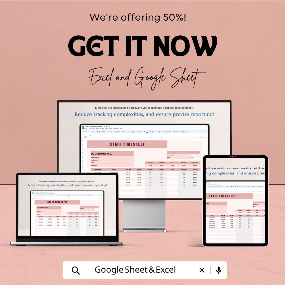 Staff Timesheet Template | Employee Timesheet Spreadsheet | Payroll Time Tracker Template | Work Hours Log Sheet
