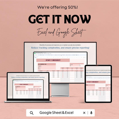 Staff Timesheet Template | Employee Timesheet Spreadsheet | Payroll Time Tracker Template | Work Hours Log Sheet