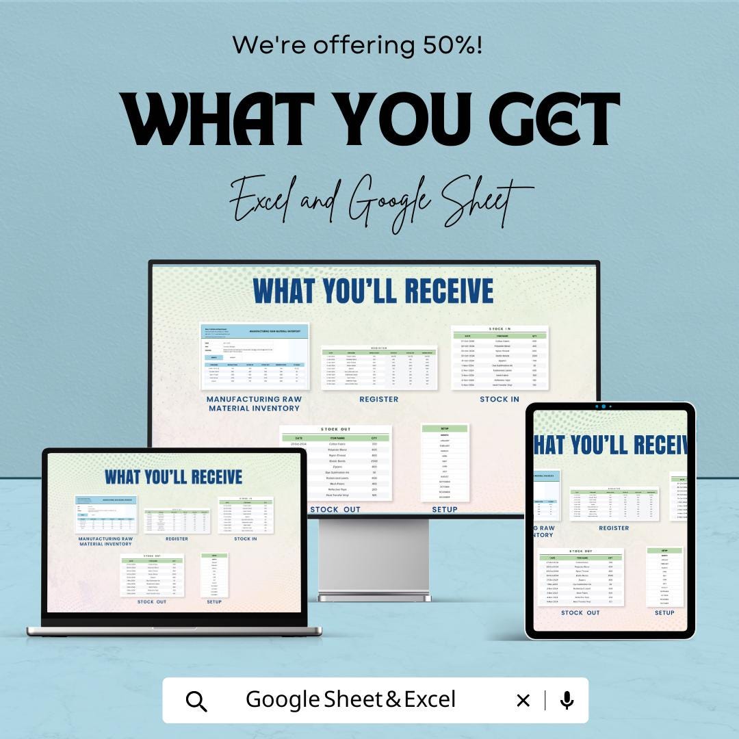 Manufacturing Raw Material Inventory Template | Production Stock Tracker | Material Inventory Log | Factory Inventory Sheet
