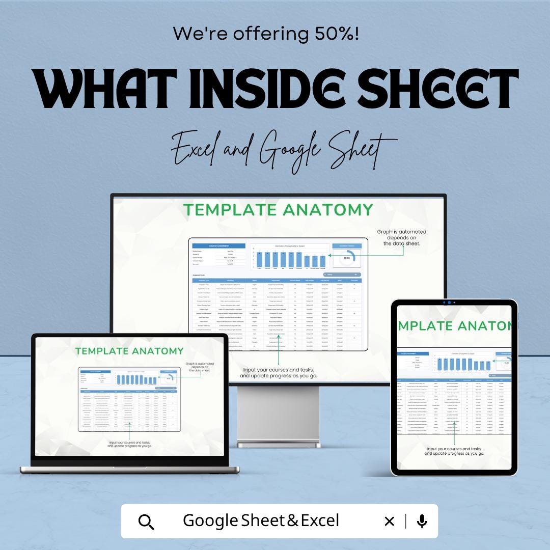 College Assignment Template | Student Assignment Tracker | College Planner Spreadsheet | Excel & Google Sheets | Homework Planner Template |
