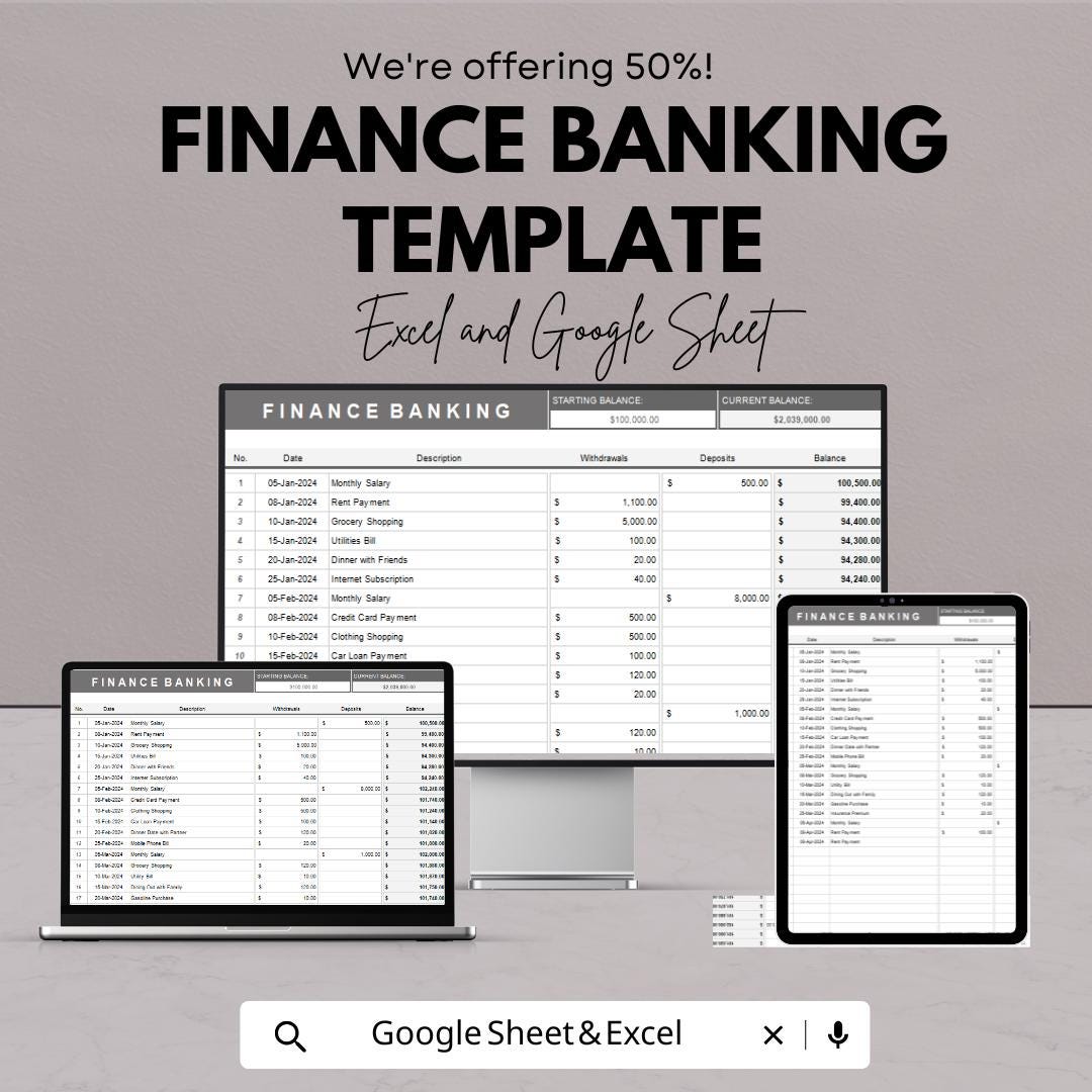 Finance Banking Template | Transaction Tracker | Income and Expense Log | Account Balance Spreadsheet
