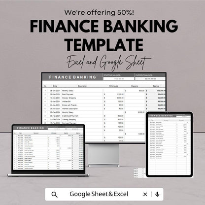 Finance Banking Template | Transaction Tracker | Income and Expense Log | Account Balance Spreadsheet