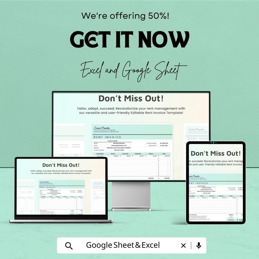 Editable Rent Invoice Template for Excel & Google Sheets – 50% Off – Customizable Rent Invoice for Property Management