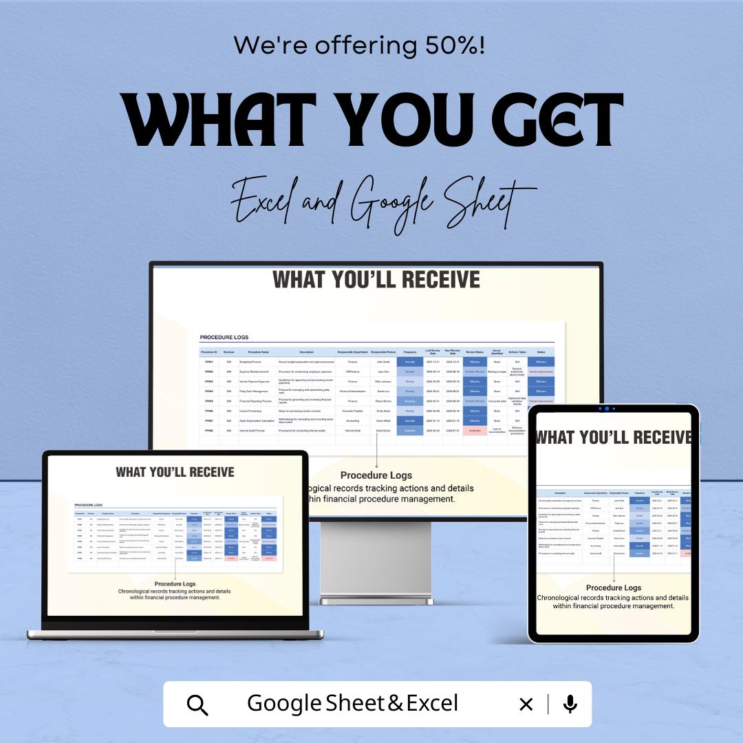 Financial Procedure Tracking Sheet | Excel & Google Sheets | Monitor and Optimize Financial Procedures | Customizable | Instant Download