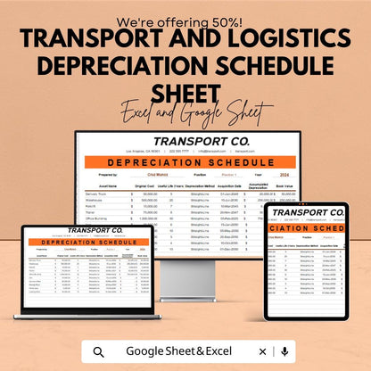Transport & Logistics Depreciation Schedule Sheet | Excel and Google Sheet Template | Fleet Asset Tracker | Editable Financial Log