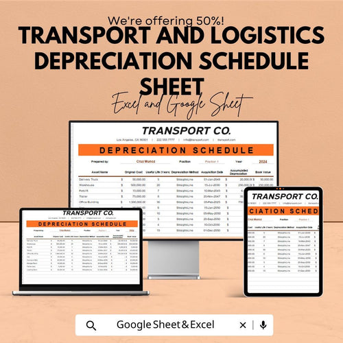 Transport & Logistics Depreciation Schedule Sheet | Excel and Google Sheet Template | Fleet Asset Tracker | Editable Financial Log