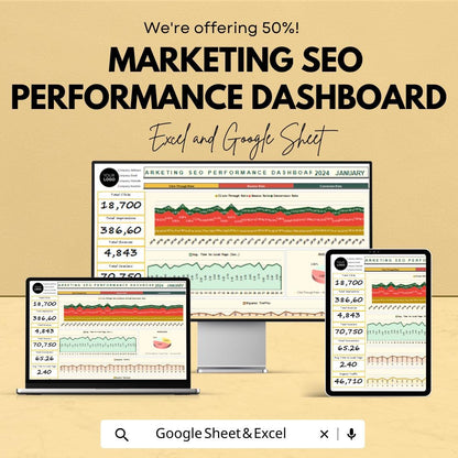 Marketing SEO Performance Dashboard | SEO Dashboard Excel & Google Sheet | SEO Tracking Template | Marketing Metrics Tracker |