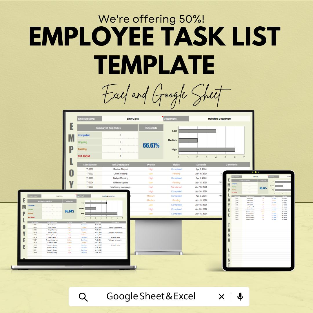 Employee Task List Template | Employee Tracker Spreadsheet | Staff Task Manager | Employee Productivity Tracker | Work Planner