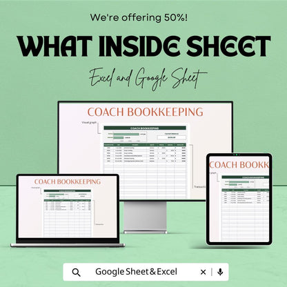 Coach Bookkeeping Template Google Sheet & Excel | Finance Tracker for Coaches | Coaching Business Expense Income Spreadsheet | 50% OFF