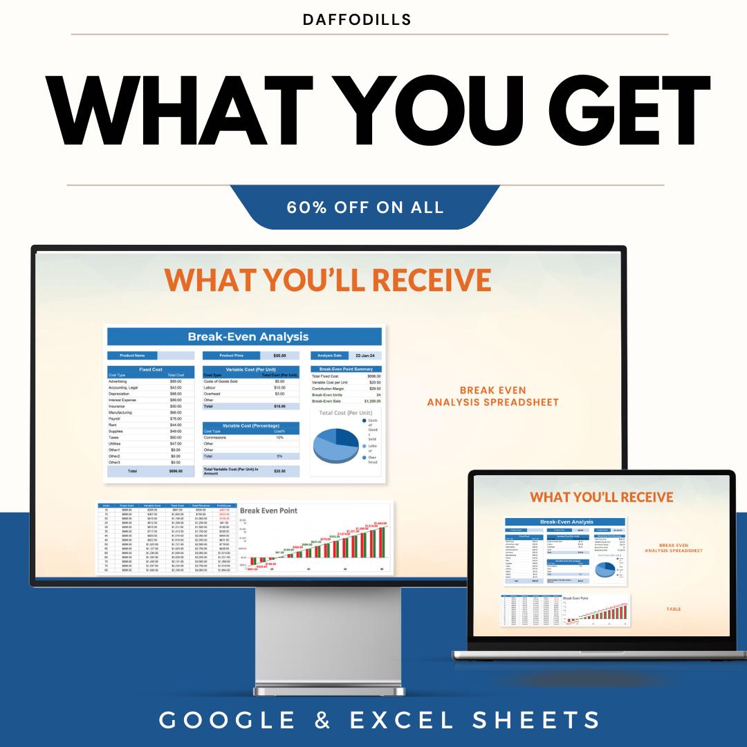 Break Even Analysis Spreadsheet Template, Break Even Calculator, Cost Profit Analysis Sheet, Google Sheets Excel