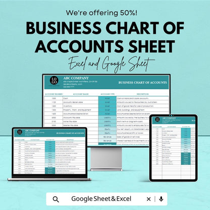 Business Chart of Accounts Sheet for Excel & Google Sheets - 50% Off - Organized Accounting Template for Small Businesses