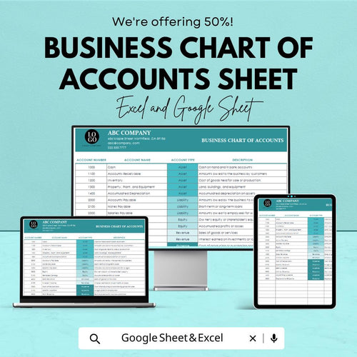 Business Chart of Accounts Sheet for Excel & Google Sheets - 50% Off - Organized Accounting Template for Small Businesses