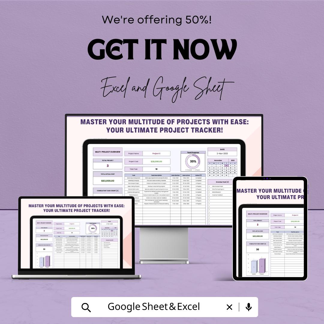 Multiple Project Tracker Sheet | Project Management Template | Task Tracking | Budgeting | Resource Allocation | Project Overview