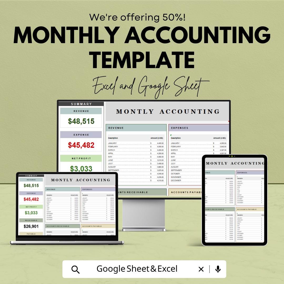 Monthly Accounting Template | Income & Expense Tracker | Monthly Finance Tracker | Accounting Sheet
