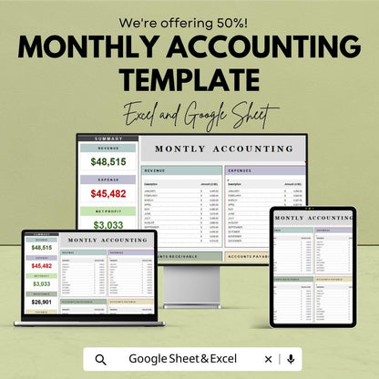 Monthly Accounting Template | Income & Expense Tracker | Monthly Finance Tracker | Accounting Sheet
