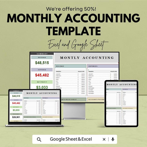 Monthly Accounting Template | Income & Expense Tracker | Monthly Finance Tracker | Accounting Sheet