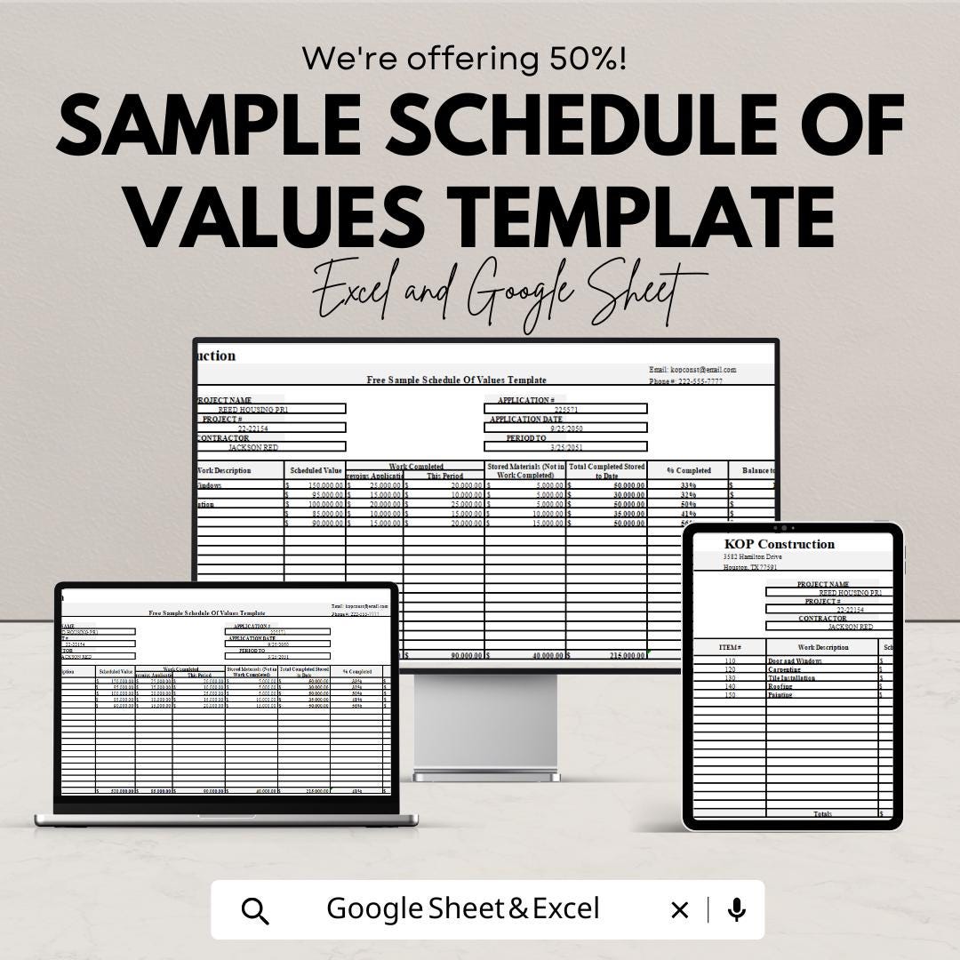 Sample Schedule of Values Template | Construction Project Billing Spreadsheet | Contractor Payment Schedule | Editable SOV Form